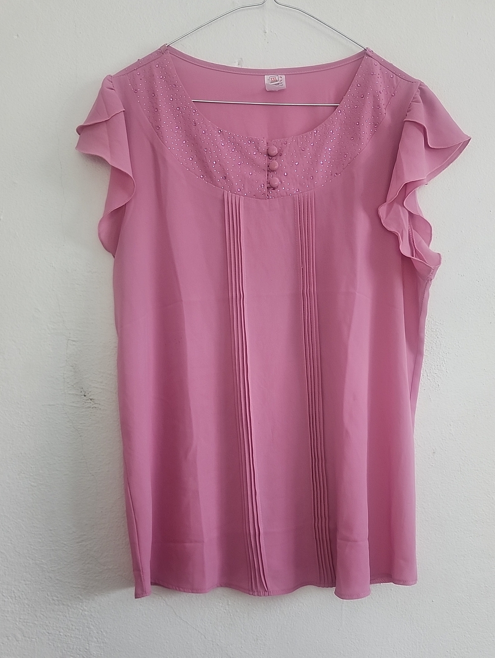 Women’s Pink Ruffle Sleeve Blouse with Pintuck Front